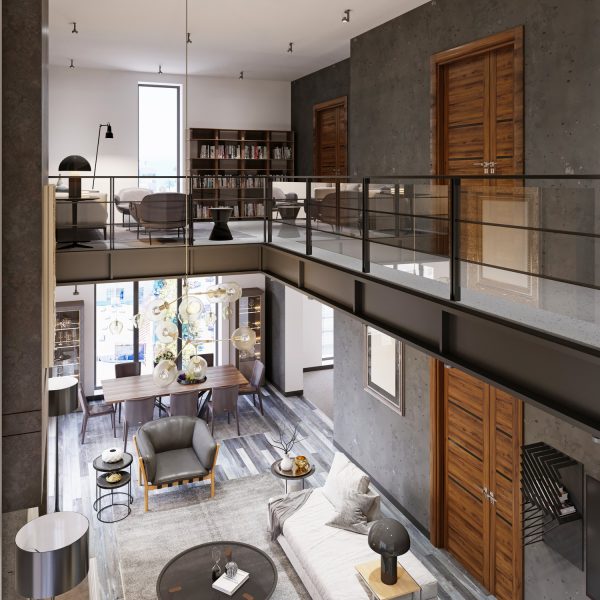 interior-em-estilo-loft-de-dois-andares-com-sala-de-estar-e-area-para-refeicoes-e-grades-de-vidro-de-transicao-para-a-area-da-biblioteca-no-segundo-andar-renderizacao-3d